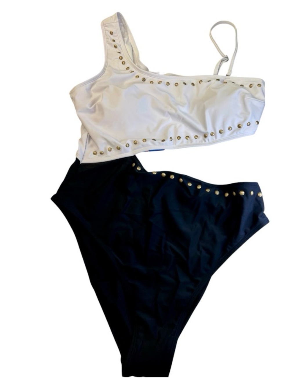 Two-Tone Studded One-Shoulder Bikini Set Black White NWT